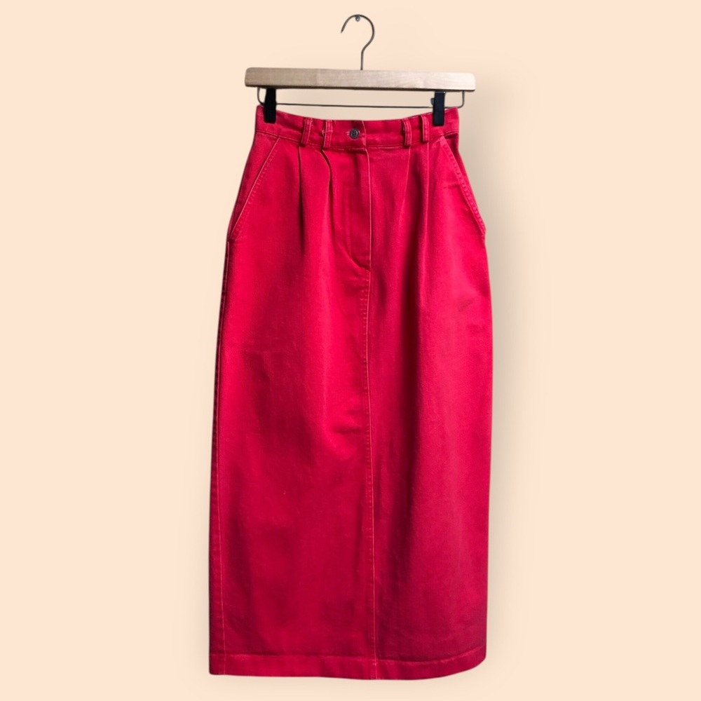 Vintage 80s On The Verge High Waisted Denim Maxi Skirt Pink Red Jean Women’s 25